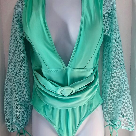 Real Housewives Monstera Netted Sleeve Mint Green Belted One Piece Swimsuit SZ S - Picture 1 of 6